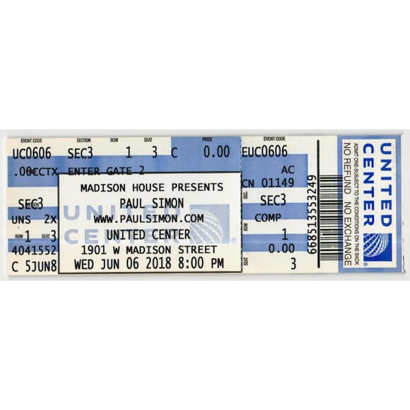 Other - 2018 Paul Simon Complete Unused Concert Ticket Stub Chicago IL